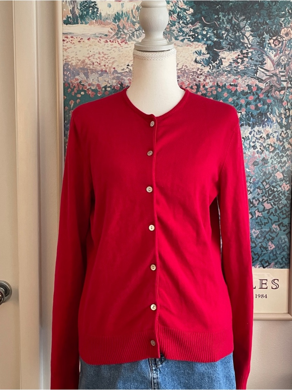 Lands End Red Cardigan Sweater Sz XS Button Front Supima Cotton Preppy Coquette